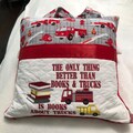 Pocket pillow embroidered child reading pillow embroidered trucks books zip close satin trim red soft fleece flannel fire truck print