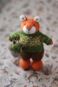 Knitted mister fox in a green yellow jacket with a tiny acorn - Little knitted fox stuffed dressed animal doll