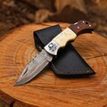 Handmade Copper Damascus Pocket Knife With Leather Sheath & Engraving on Knife Bolster Folding Knife Gift , Anniversary ,Personalized Gift