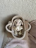 Cute knitted bunny with mini crochet cradle, boho woven rabbit, amigurumi toys, birthday girl boy gift, boho plush bunny, easter kids gift